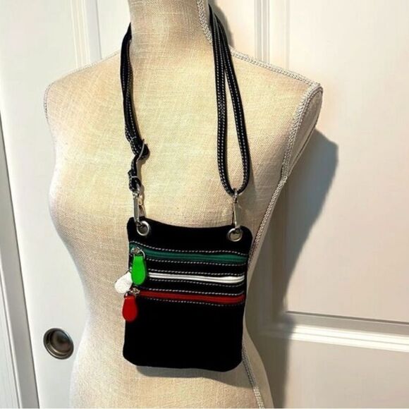 Amica Italian Suede Crossbody Body Black with Multi colored Zippers NWOT - Picture 3 of 8